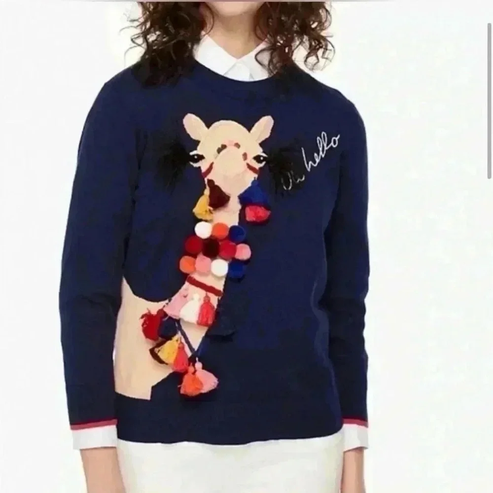 NWT Kate Spade OH Hello Camel Sweater Cashmere Cotton XL Embellished Pom Pom